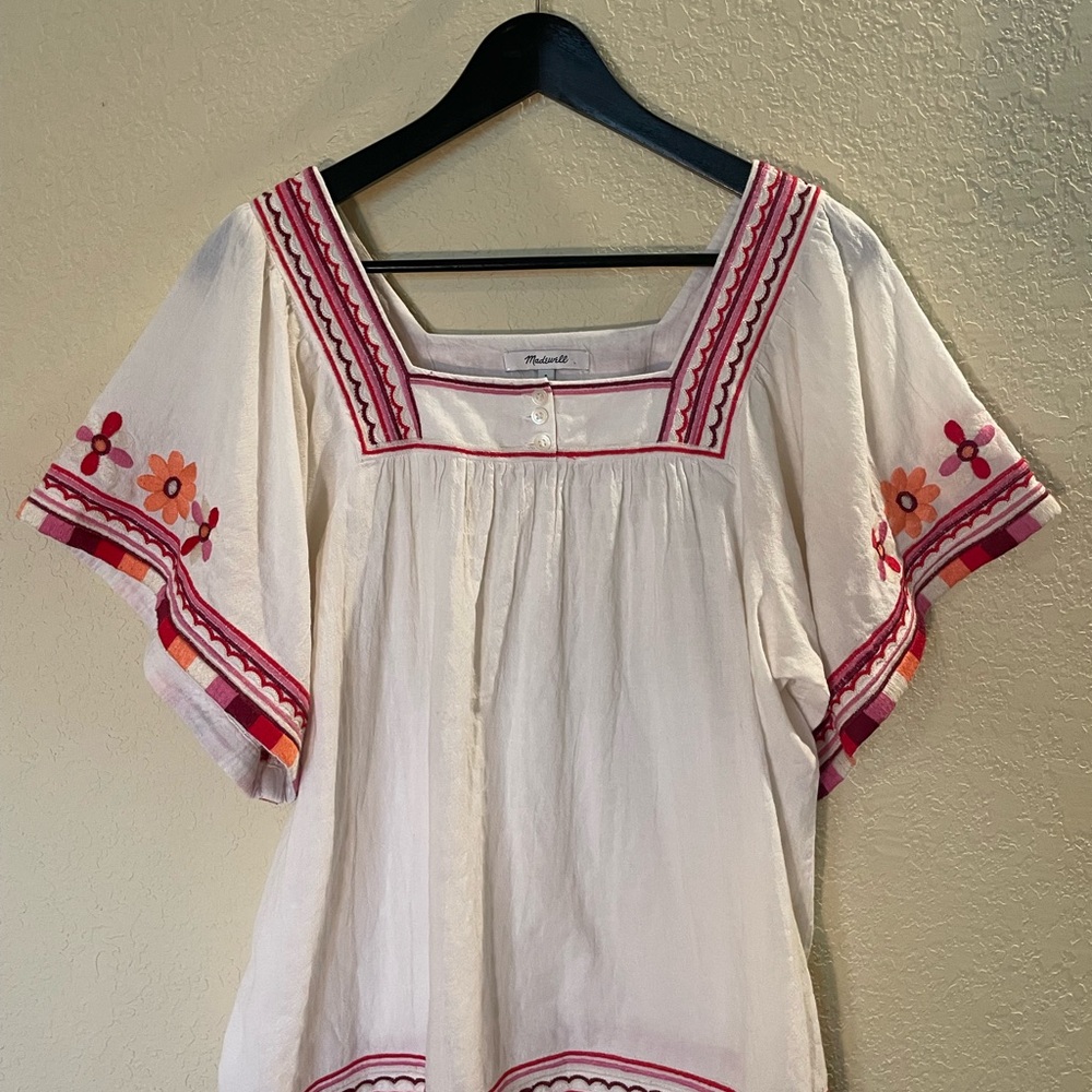 Madewell White Blouse with Pink and Orange Embroidery
